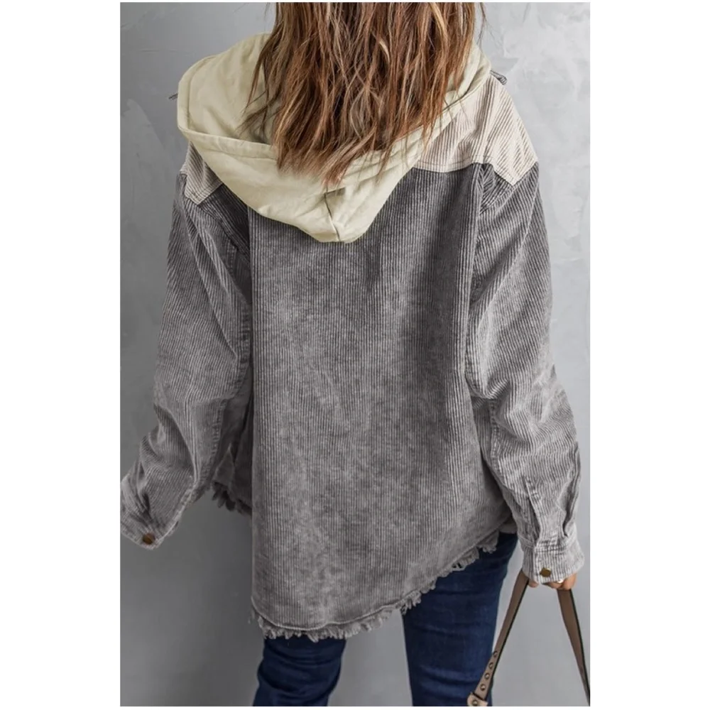 016 Cozy Color Block Oversized Corduroy Hoodie Jacket Shacket - Picture 6 of 8